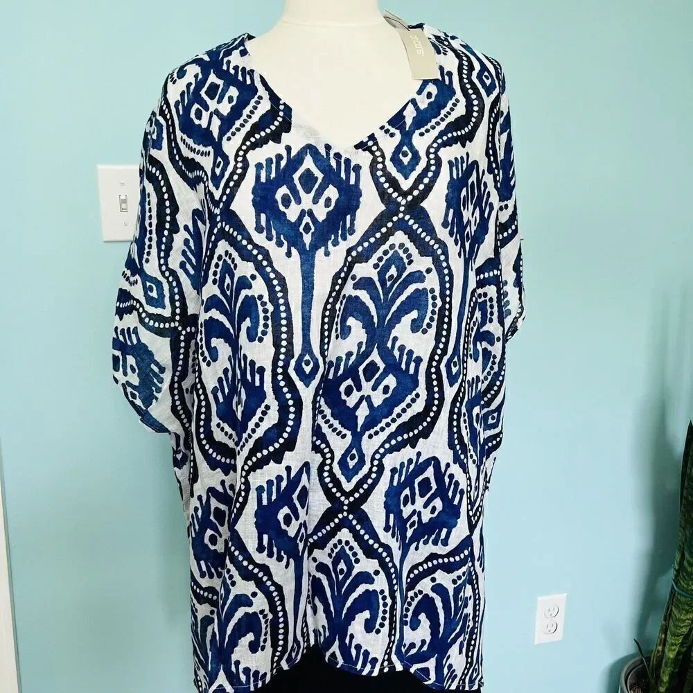 Chico’s L/XL IKAT Print 100% Linen Poncho Boxy Top Blue White Lagenlook NWT 0777